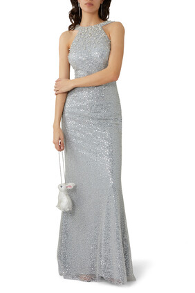 Beaded Draped Cowl Halter Gown